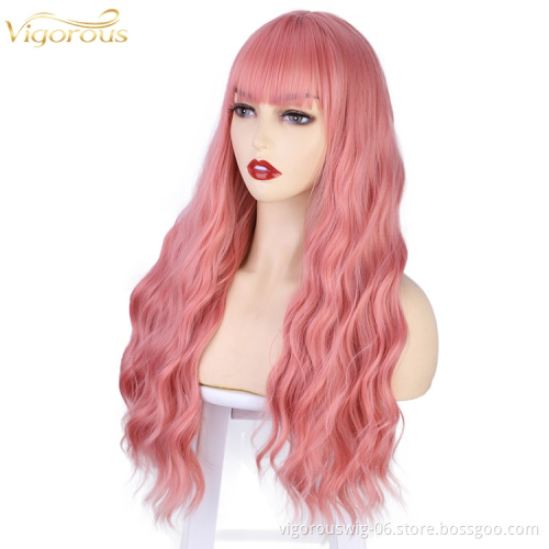 Vigorous Good quality Long Synthetic Heat Resistant Full Cheap Long Pink Fluffy Curly Wavy Hair Wigs With Bangs